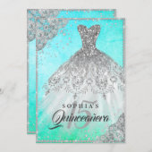 Pretty Teal Diamond Lace Sparkle Gown Quinceanera Invitation (Front/Back)