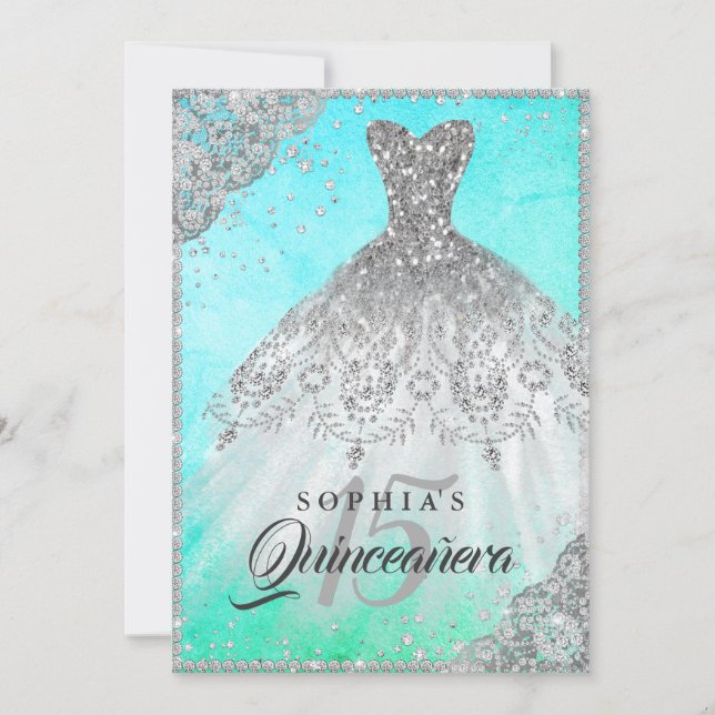 Pretty Teal Diamond Lace Sparkle Gown Quinceanera Invitation (Front)