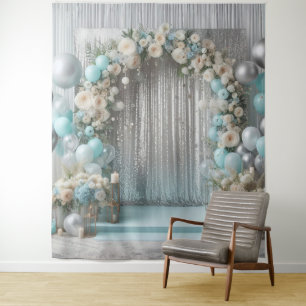 Pretty Teal Floral Balloon Arch Hanging Tapestry