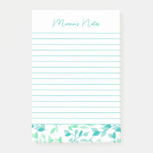 Pretty Teal Green Floral Modern Personalized Lined Post-it Notes