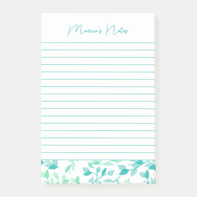 Pretty Teal Green Floral Modern Personalized Lined Post-it Notes (Front)