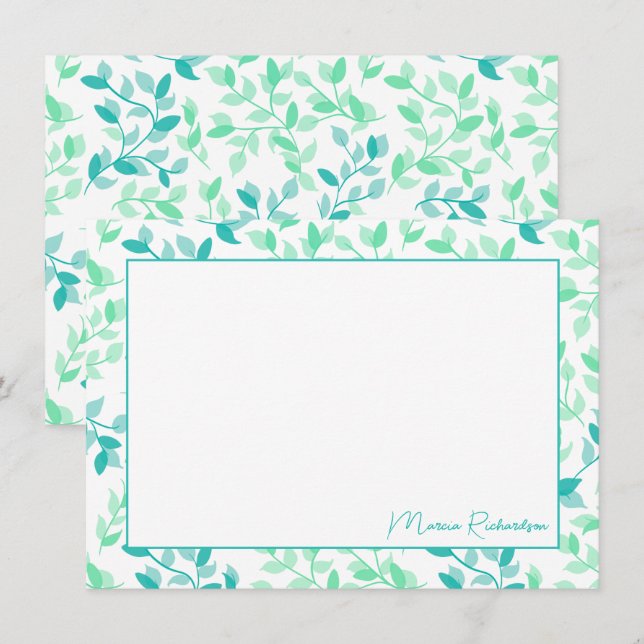 Pretty Teal Green Florals Modern Personalized Note Card (Front/Back)