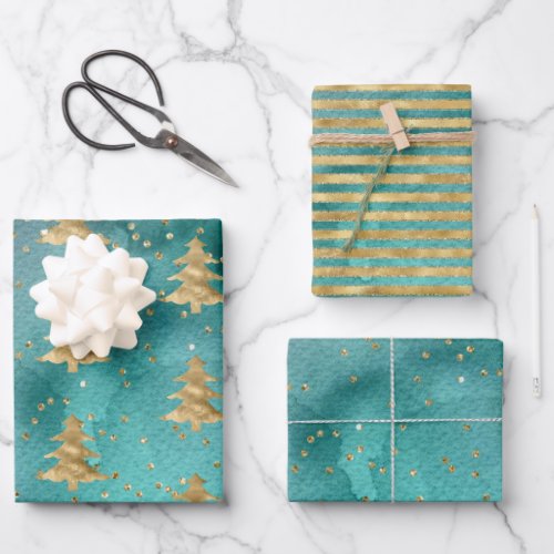 Pretty Teal Green Watercolor Gold Christmas Tree   Wrapping Paper Sheets