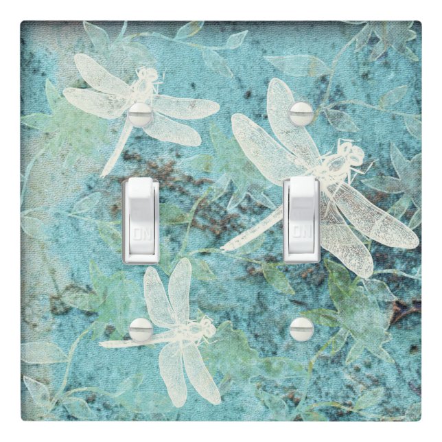Pretty Teal Leaves Dragonflies Pattern Light Switch Cover (In Situ)