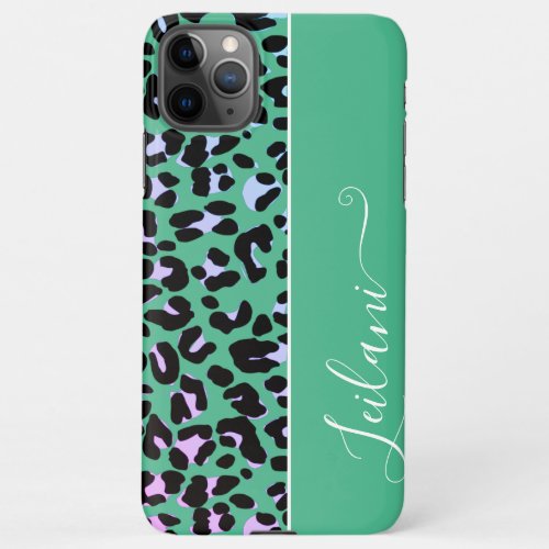 Pretty Teal Leopard Pattern Background Custom Name iPhone 11Pro Max Case