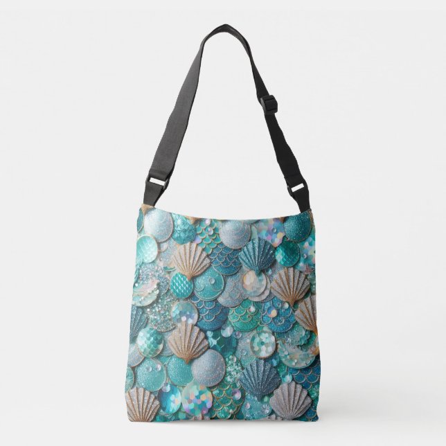 Pretty Teal Mermaid Print And Shells Pattern Crossbody Bag (Front)