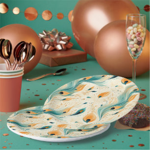 Pretty Teal Orange Cream Peacock Paper Plates