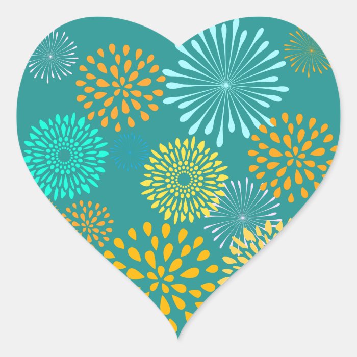 Pretty Teal Orange Flower Line Art Pattern Heart Stickers