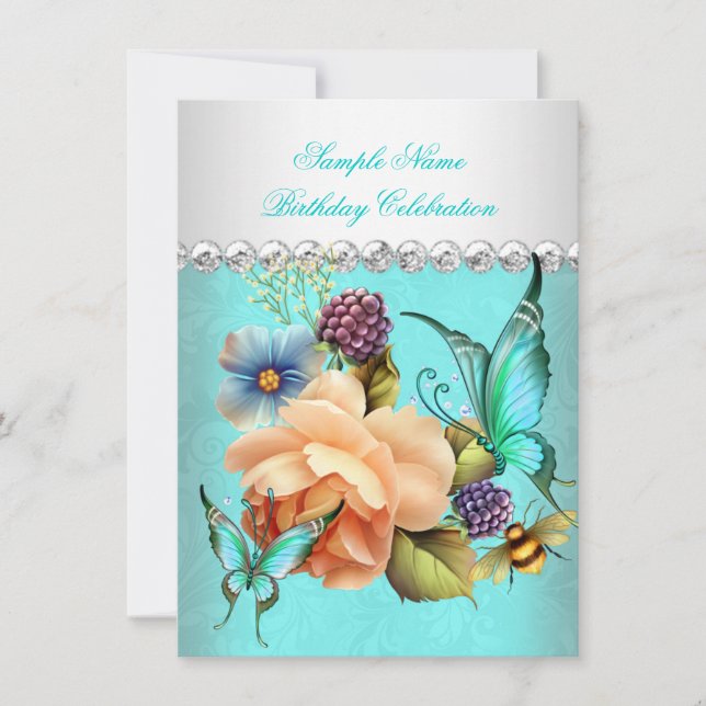Pretty Teal Peach Roses Butterfly Birthday Party Invitation (Front)