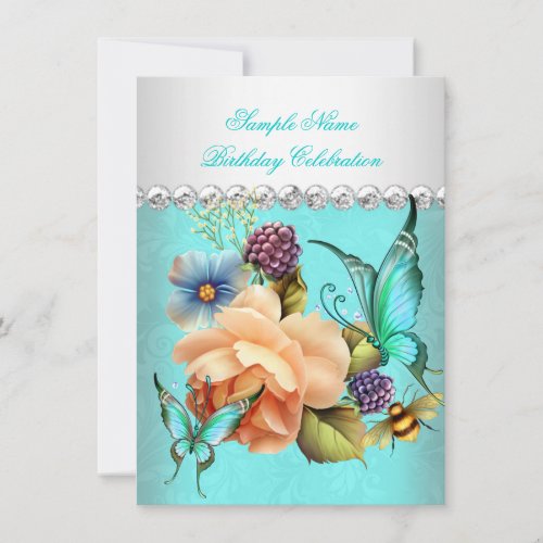 Pretty Teal Peach Roses Butterfly Birthday Party Personalized Announcements