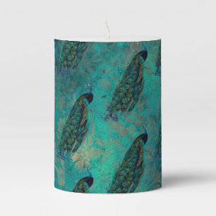 Pretty Teal Peacock Pillar Candle