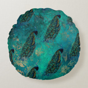 Pretty Teal Peacock Round Pillow