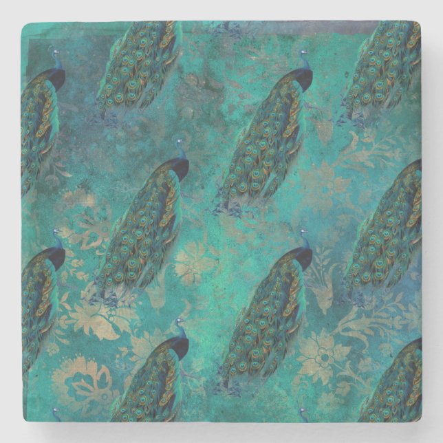 Pretty Teal Peacock Stone Coaster (Front)