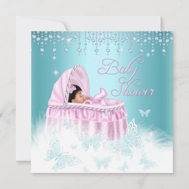 Pretty Teal Pink Sparkle Butterfly Baby Shower Eth Invitation (Front)