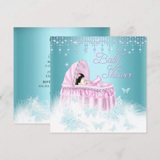 Pretty Teal Pink Sparkle Butterfly Baby Shower Invitation (Front/Back)