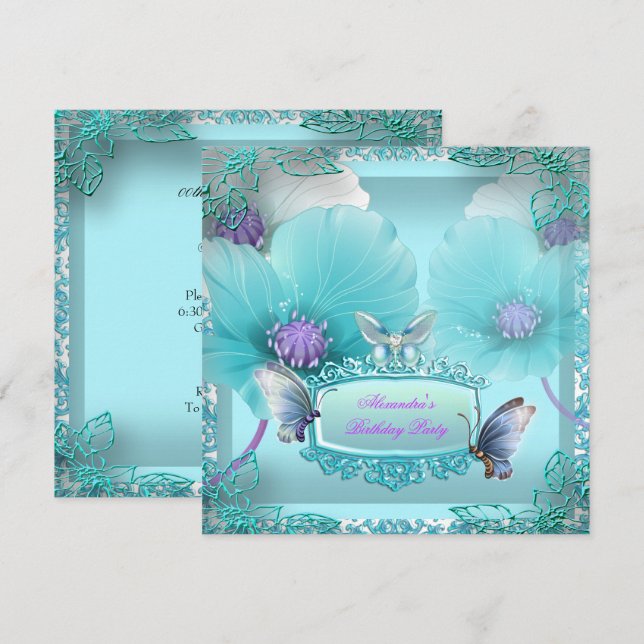 Pretty Teal Purple Butterfly lace Birthday Party Invitation (Front/Back)