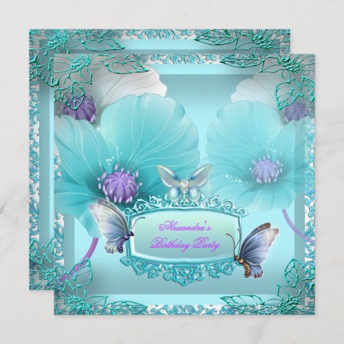 Pretty Teal Purple Butterfly lace Birthday Party Invitation
