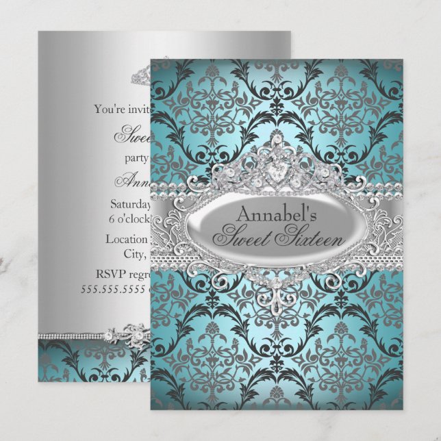 Pretty Teal & Silver Damask Sweet 16 Invite (Front/Back)