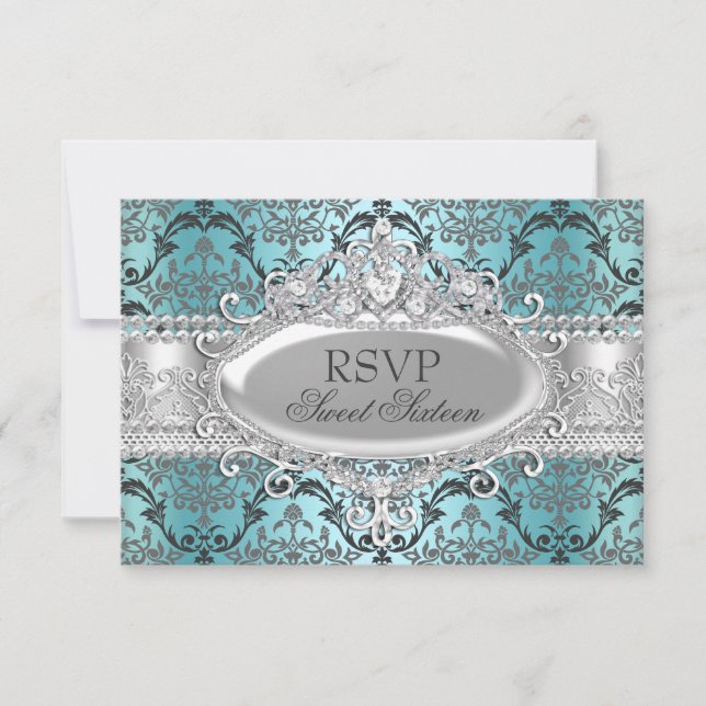 Pretty Teal & Silver Damask Sweet 16 RSVP (Front)