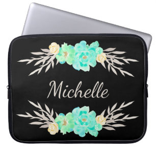 Pretty Teal & Silver Floral Monogrammed Laptop Sleeve