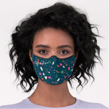 Pretty Teal Terrazzo Custom Name Premium Face Mask by HoundandPartridge at Zazzle