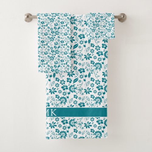 Pretty Teal Turquoise Blue Floral Pattern Monogram Bath Towel Set