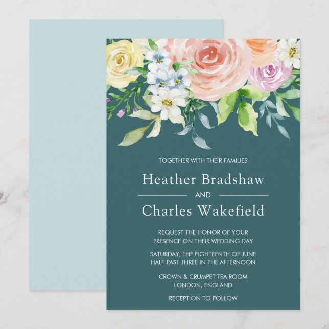 Pretty Teal Watercolor Floral Wedding Invitation (Front/Back)