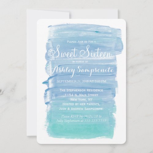Pretty Teal Watercolor Sweet 16 Invitations