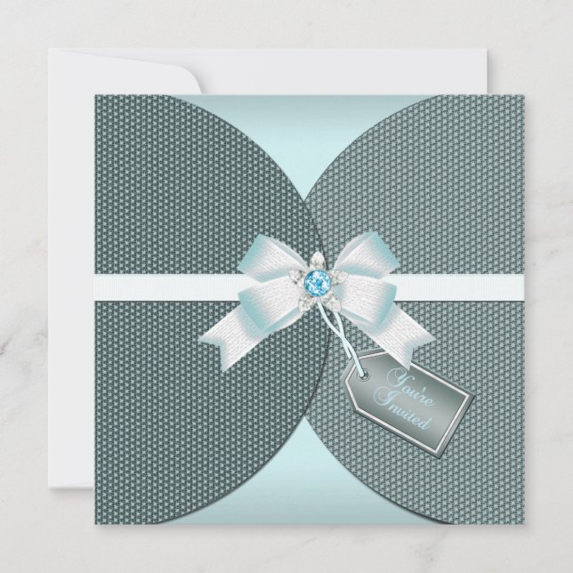 Pretty Teal Wedding Invite with Jeweled Bow (Front)