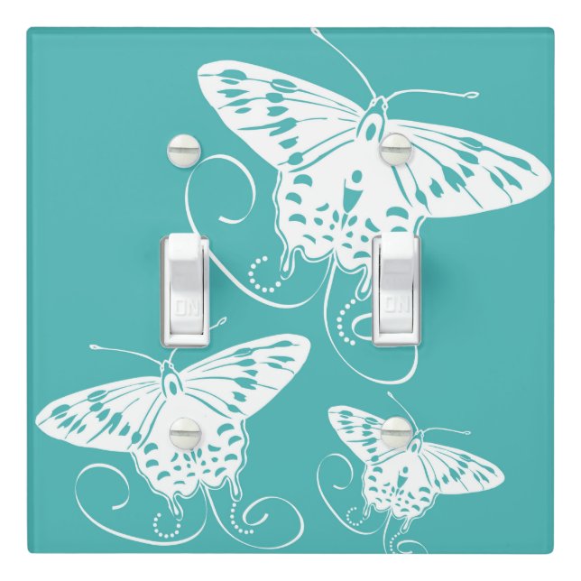 Pretty Teal White Butterfly Art Light Switch Cover (In Situ)