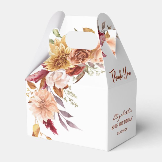 Pretty Terracotta Autumn Floral Botanical Birthday Favor Boxes (Front Side)