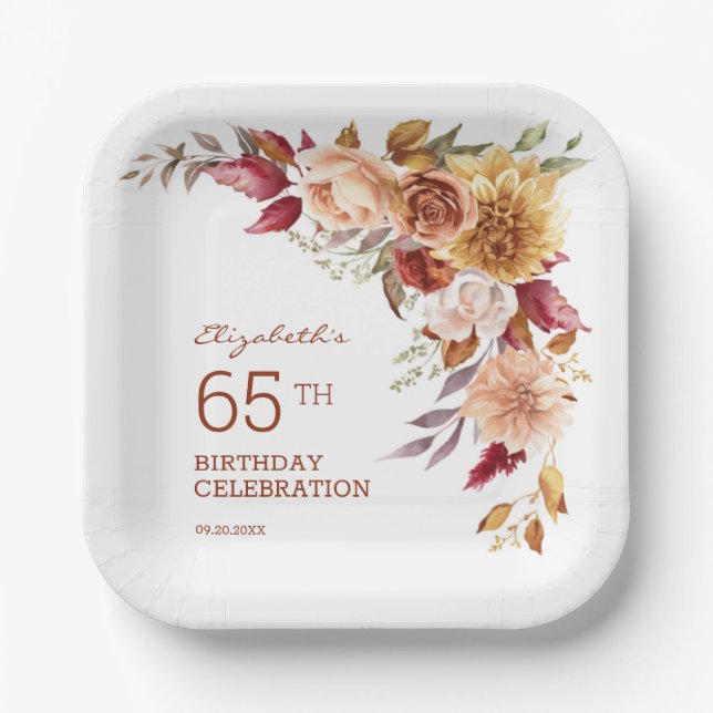 Pretty Terracotta Autumn Floral Botanical Birthday Paper Plates (Front)