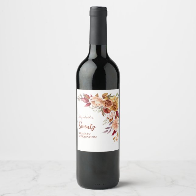 Pretty Terracotta Autumn Floral Greenery Birthday Wine Label (Front)