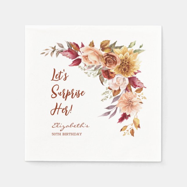 Pretty Terracotta Autumn Floral Surprise Birthday Napkins (Front)