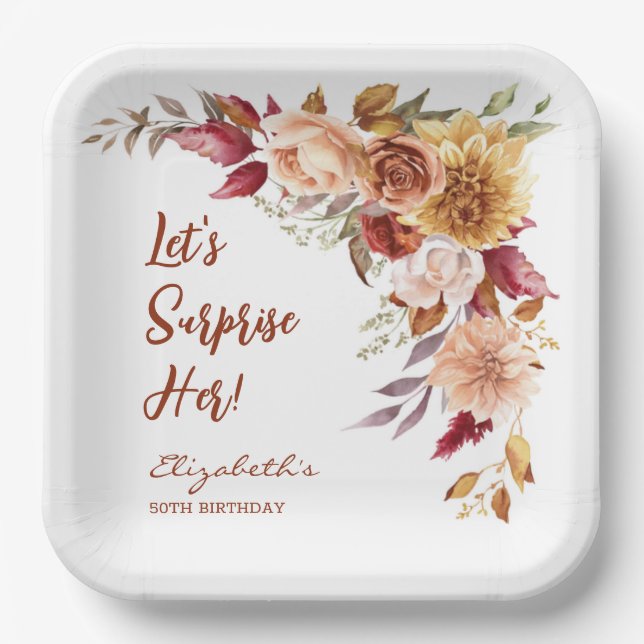 Pretty Terracotta Autumn Floral Surprise Birthday Paper Plates (Front)