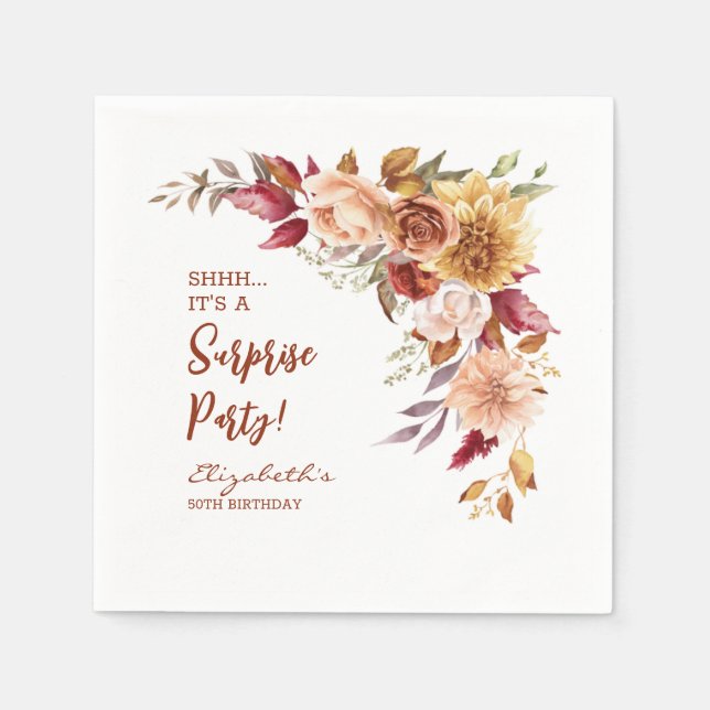 Pretty Terracotta Fall Floral Surprise Birthday Napkins (Front)