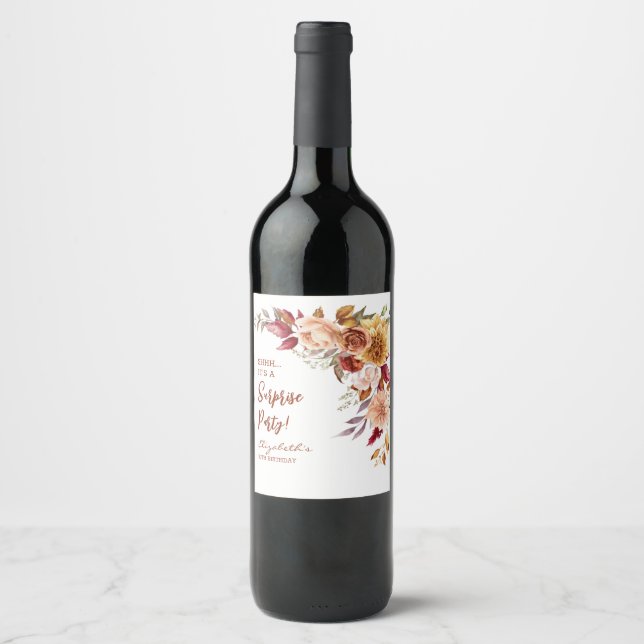 Pretty Terracotta Fall Floral Surprise Birthday Wine Label (Front)