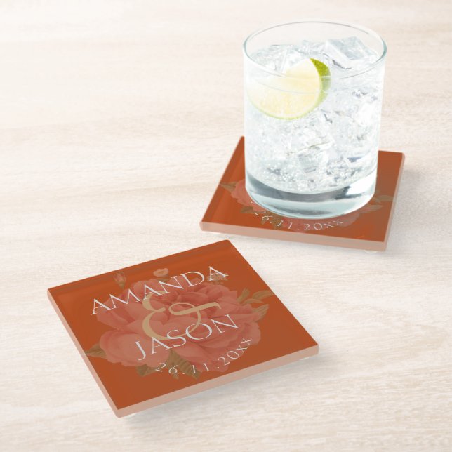 Pretty Terracotta Rust Floral Cute Wedding Party  Glass Coaster (Angled)