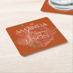 Pretty Terracotta Rust Floral Cute Wedding Party Square Paper Coaster