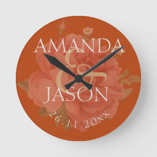 Pretty Terracotta Rust Rose Floral Cute Wedding Round Clock