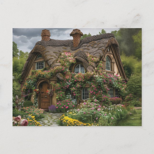 Pretty thatched house with plants and flowers postcard (Front)