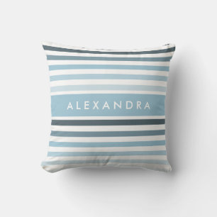 Pretty Thick Stripes Pattern and Name in Aqua Blue Throw Pillow