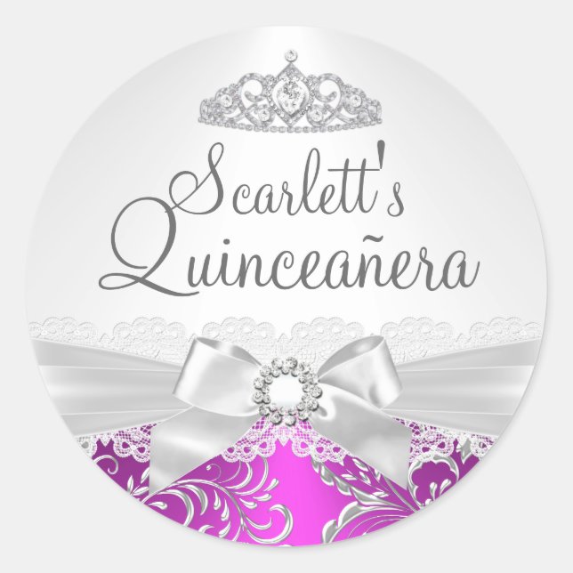 Pretty Tiara & Bow Pink Quinceanera Sticker (Front)