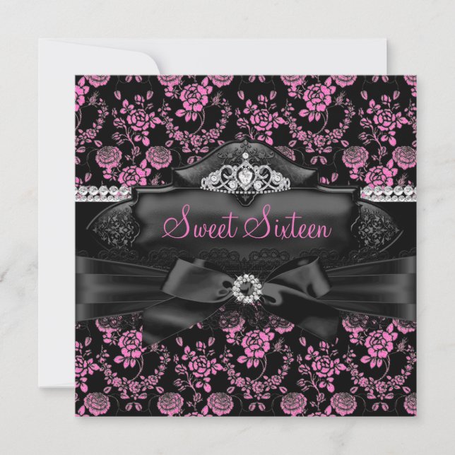 Pretty Tiara & Bow Pink Sweet 16 Invitation (Front)