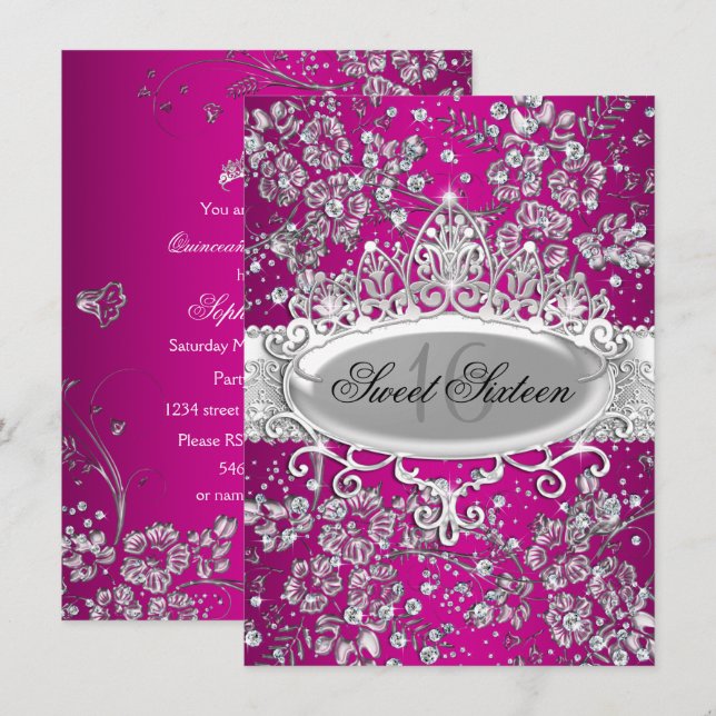Pretty Tiara Sparkle Flowers Pink Sweet 16 party Invitation (Front/Back)