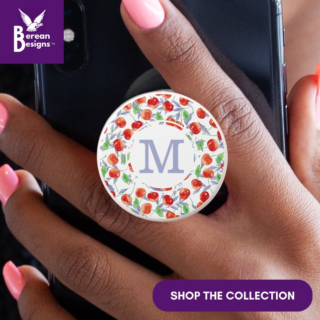 Pretty Toile with Cherries on the Top Monogram PopSocket (Pretty blue toile and coquette cherries monogram PopSocket. Ideal gift for her on Mother's Day.)