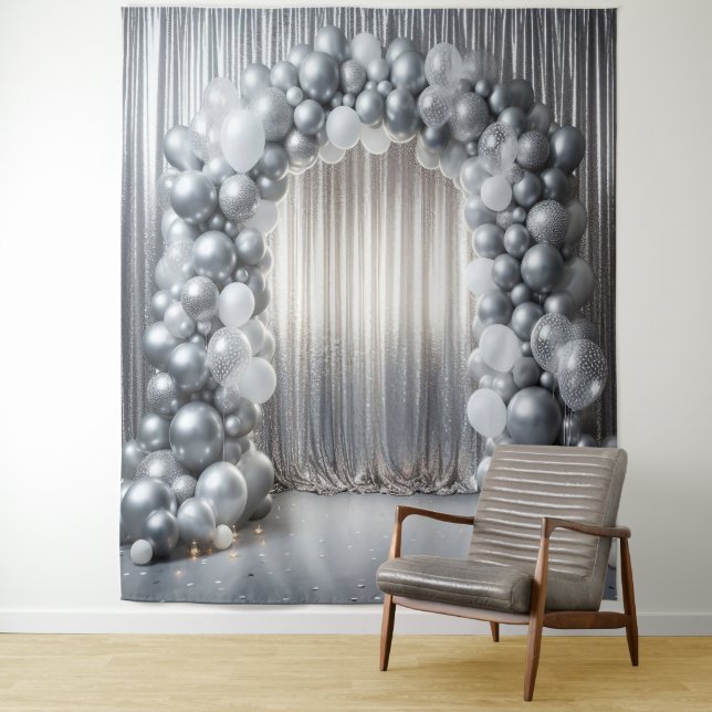 Pretty Tones of Gray Balloon Arch Tapestry (In Situ)