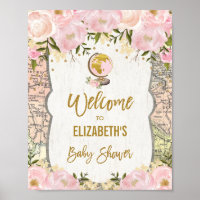 Pretty Travel Map Baby Shower Pink Flower Welcome Poster