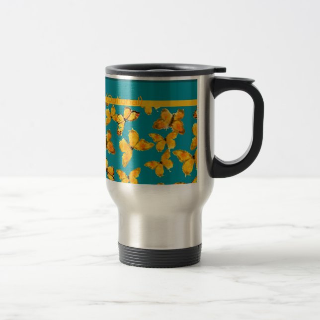 Pretty Travel Mug, Golden Butterflies on Sky Blue Mug (Right)