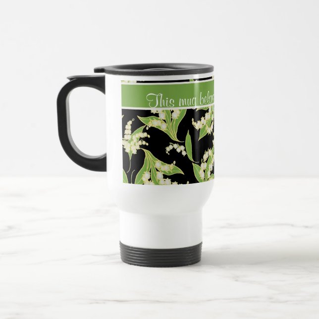 Pretty Travel Mug: Lilies of the Valley, Black Travel Mug (Left)